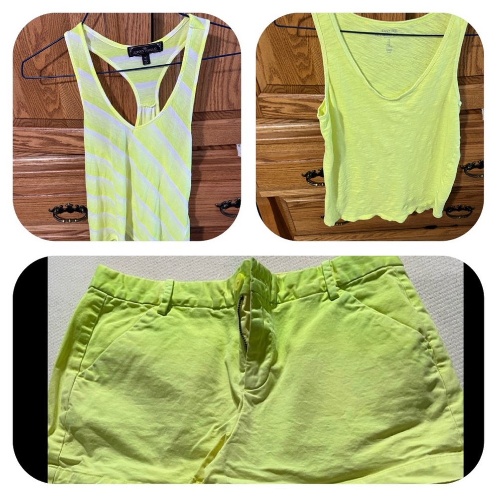 GAP neon green “ombré” cotton shorts size 4 with 2 tops to match-size M
